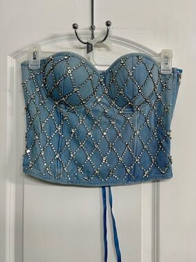 Embellished Denim Bustier Top - Light Blue with Silver Rhinestones